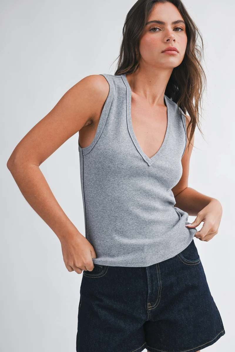 V NECK TANK TOP BROWN