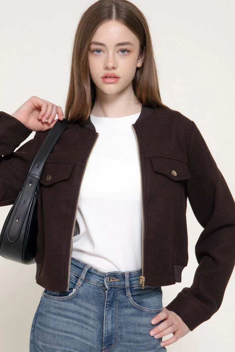 Long Sleeve Crew Neck Felt Jacket with Pocket Flap Detail: BRN-dark brown / L