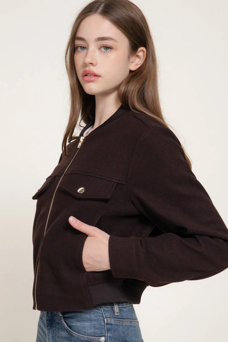 Long Sleeve Crew Neck Felt Jacket with Pocket Flap Detail: BRN-dark brown / L