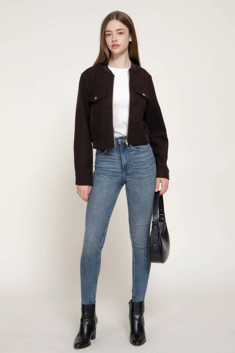 Long Sleeve Crew Neck Felt Jacket with Pocket Flap Detail: BRN-dark brown / L