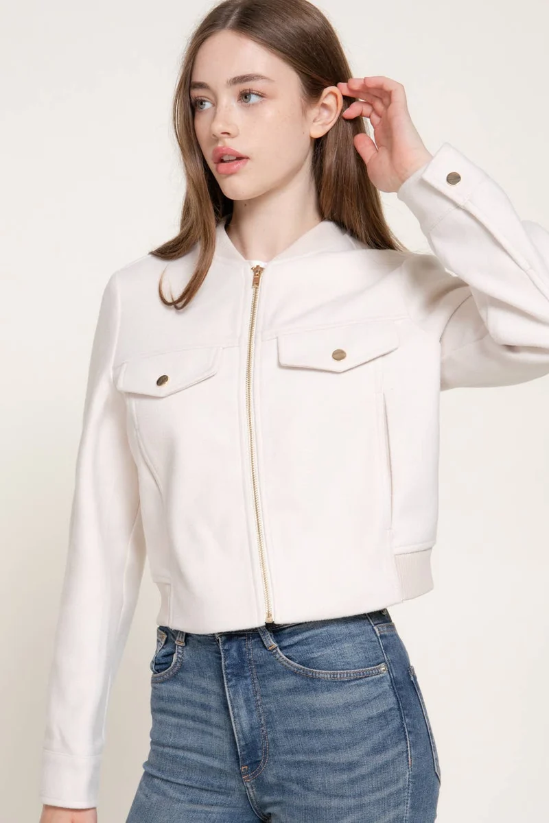 Long Sleeve Crew Neck Felt Jacket with Pocket Flap Detail: BRN-dark brown / L