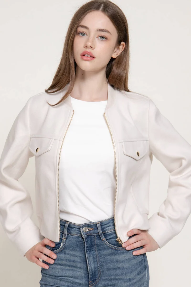 Long Sleeve Crew Neck Felt Jacket with Pocket Flap Detail: BRN-dark brown / L