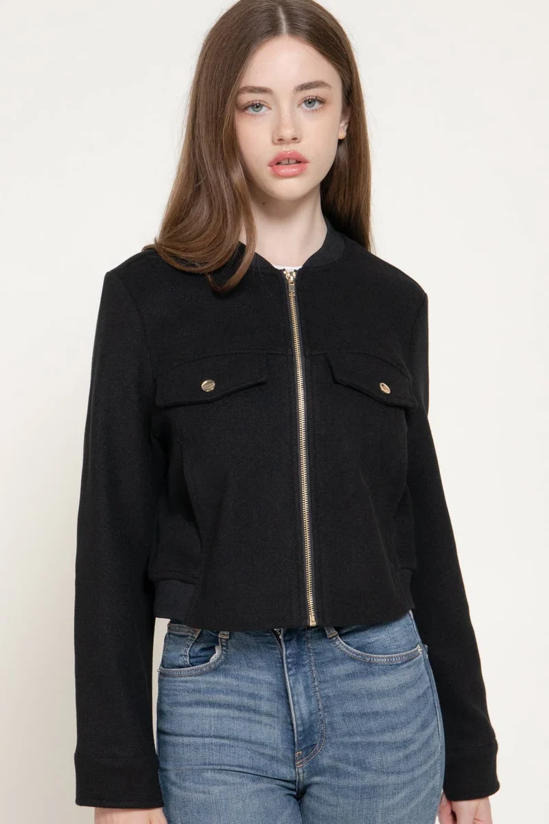 Long Sleeve Crew Neck Felt Jacket with Pocket Flap Detail: BRN-dark brown / L