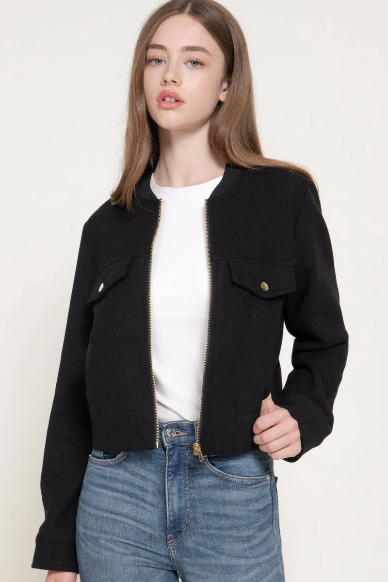 Long Sleeve Crew Neck Felt Jacket with Pocket Flap Detail: BRN-dark brown / L