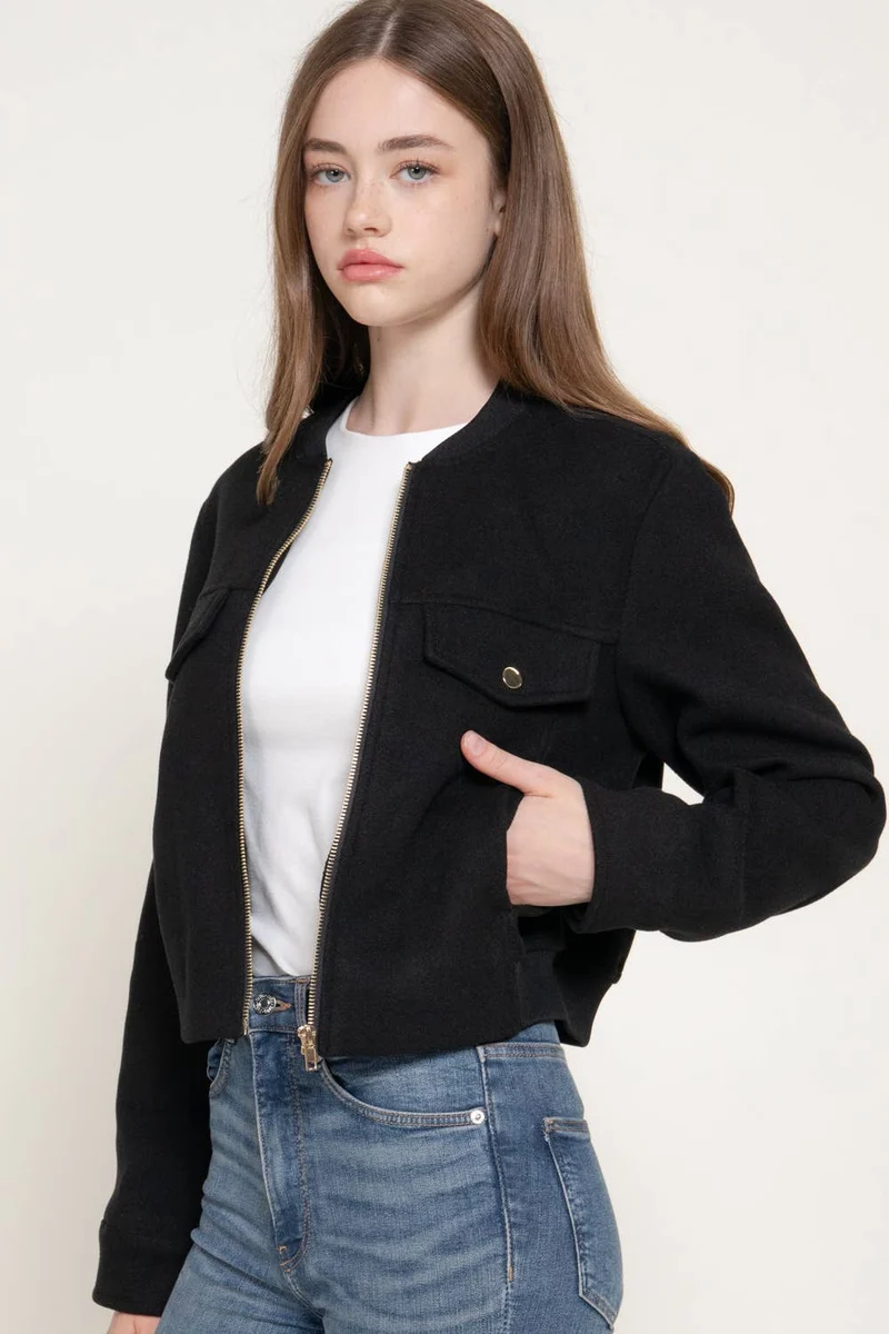 Long Sleeve Crew Neck Felt Jacket with Pocket Flap Detail: BRN-dark brown / L