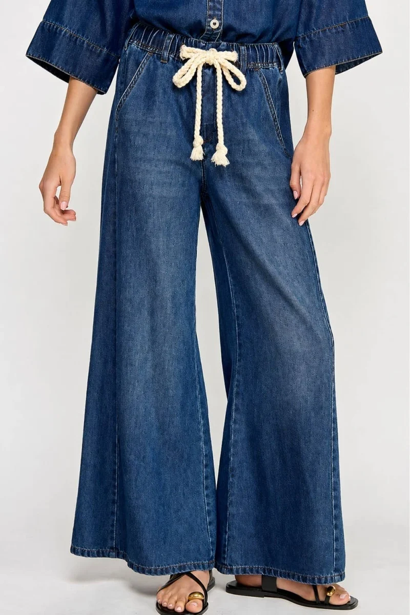 DRAWSTRING WIDE DENIM PANTS: DENIM / L