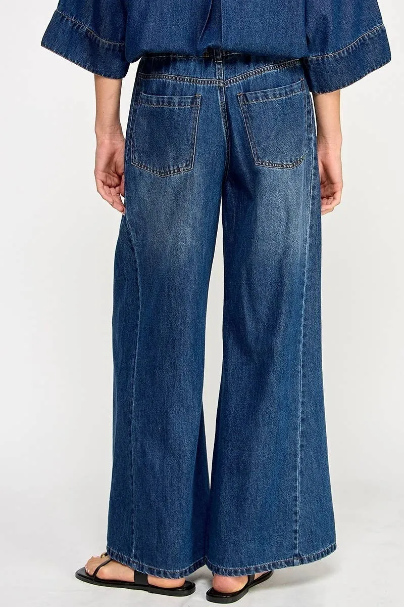 DRAWSTRING WIDE DENIM PANTS: DENIM / L