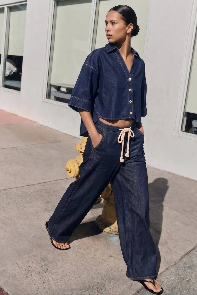 DRAWSTRING WIDE DENIM PANTS: DENIM / L