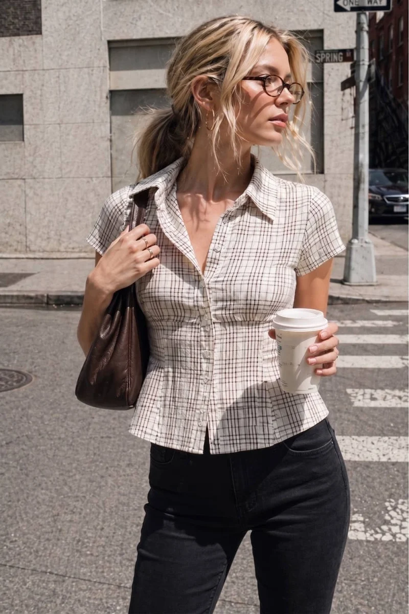 Plaid Button Front Blouse