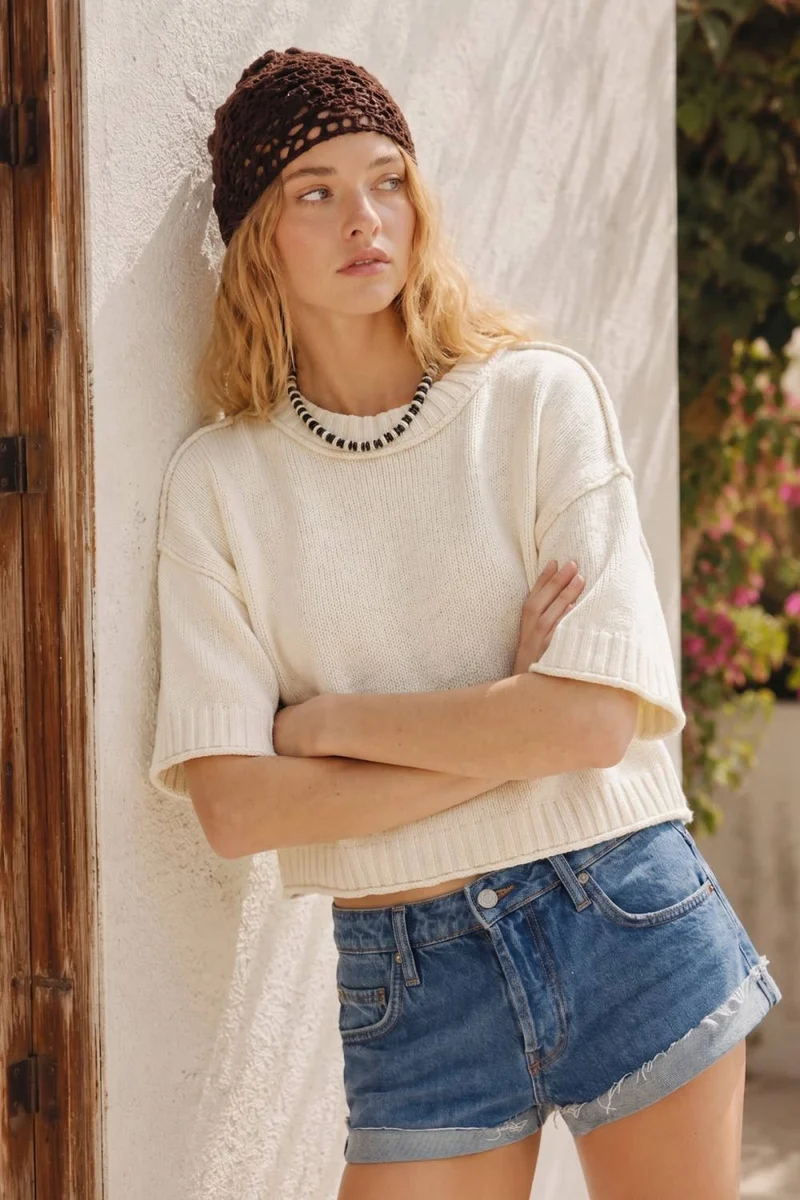Soft Cotton Crew Neck Sweater: ECRU / L