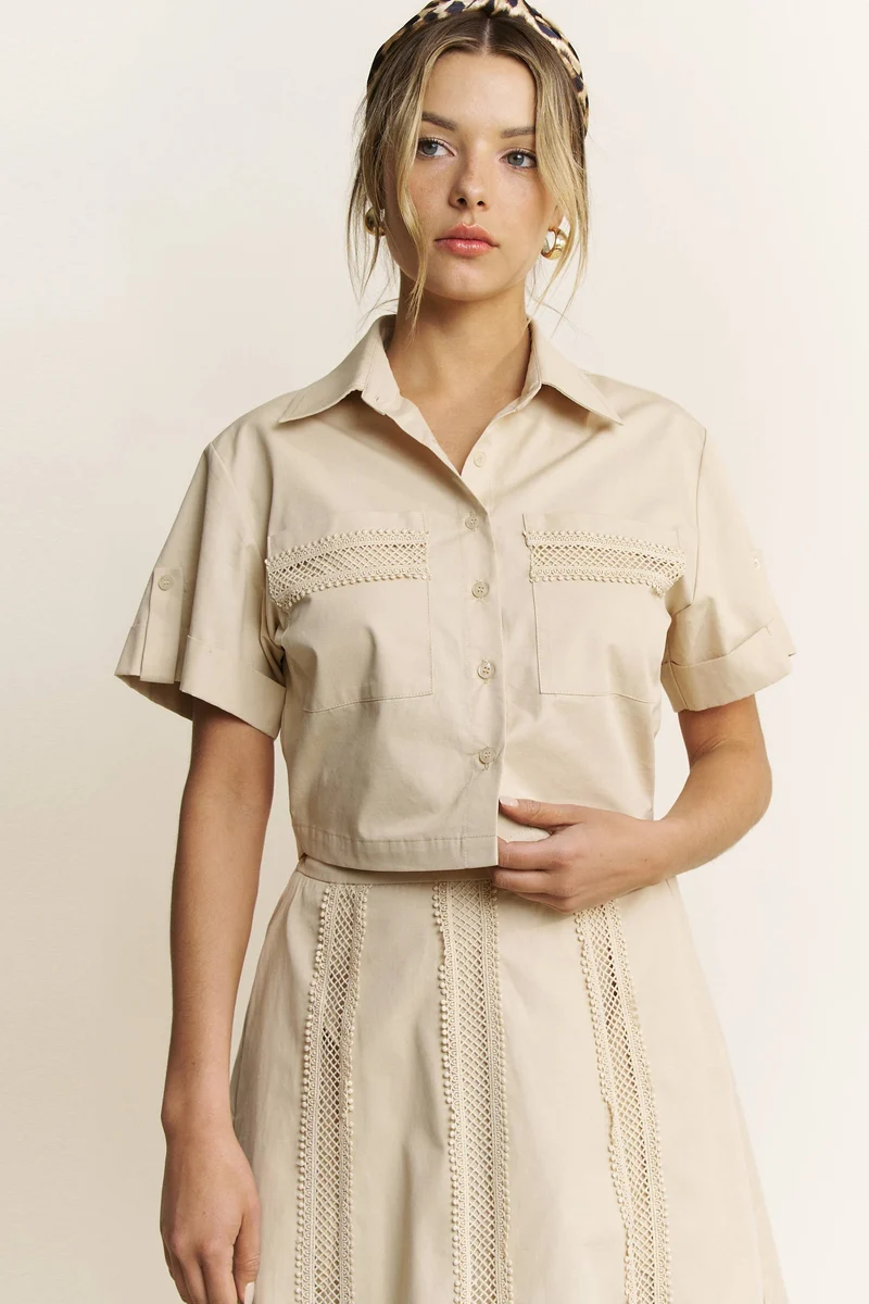 LACE TRIM BUTTON DOWN SHIRT AND MAXI SKIRT SET - HESET0032: SAND / L