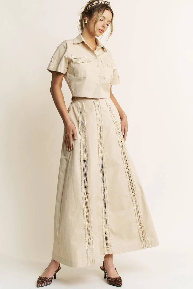 LACE TRIM BUTTON DOWN SHIRT AND MAXI SKIRT SET - HESET0032: SAND / L