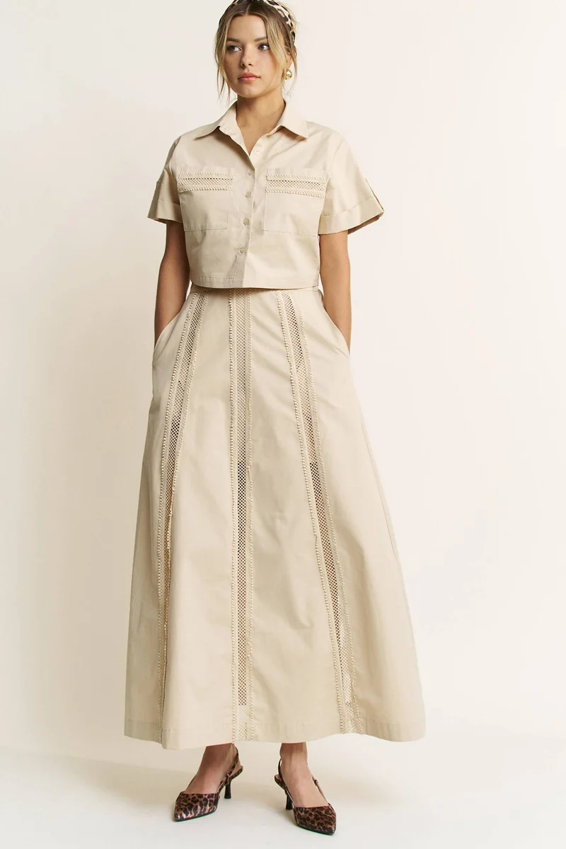 LACE TRIM BUTTON DOWN SHIRT AND MAXI SKIRT SET - HESET0032: SAND / L