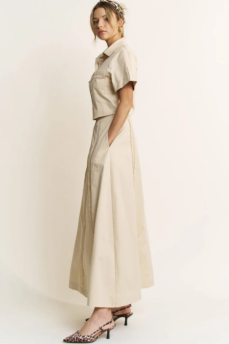 LACE TRIM BUTTON DOWN SHIRT AND MAXI SKIRT SET - HESET0032: SAND / L