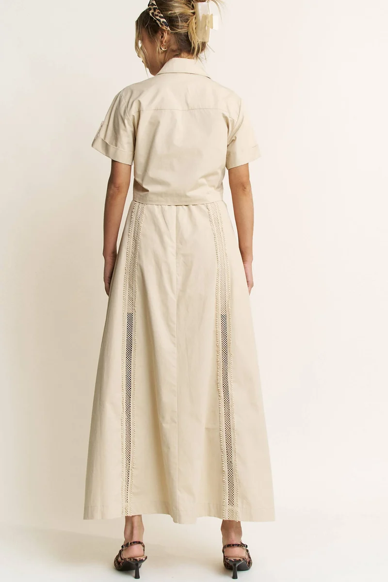 LACE TRIM BUTTON DOWN SHIRT AND MAXI SKIRT SET - HESET0032: SAND / L