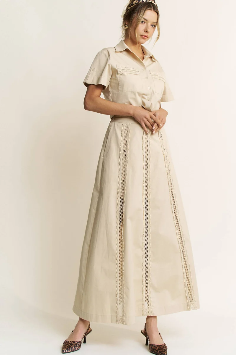 LACE TRIM BUTTON DOWN SHIRT AND MAXI SKIRT SET - HESET0032: SAND / L