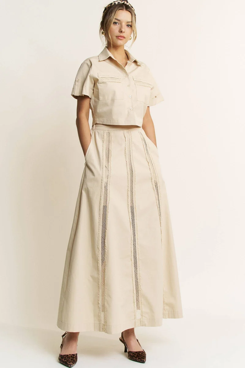 LACE TRIM BUTTON DOWN SHIRT AND MAXI SKIRT SET - HESET0032: SAND / L