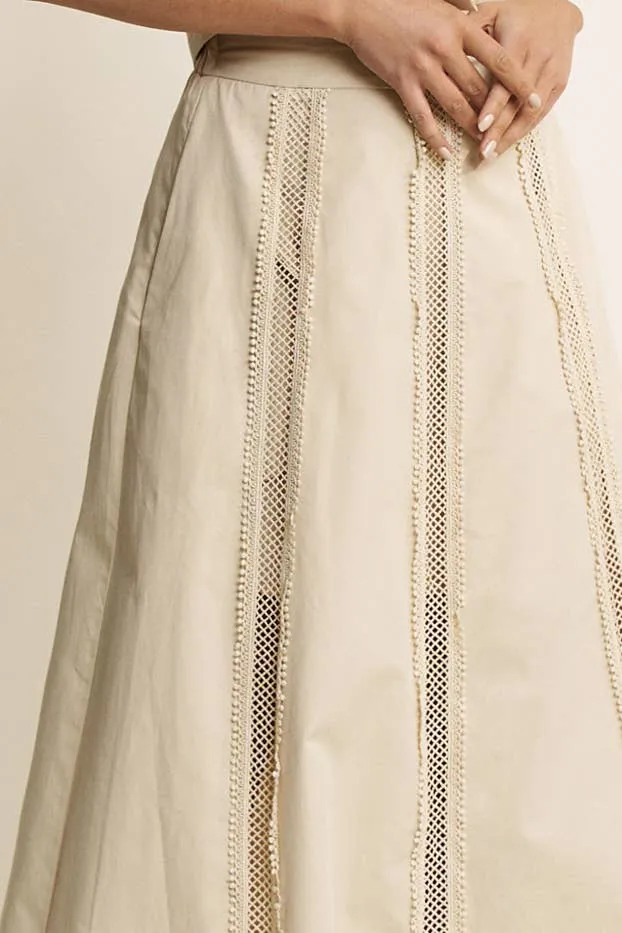 LACE TRIM BUTTON DOWN SHIRT AND MAXI SKIRT SET - HESET0032: SAND / L