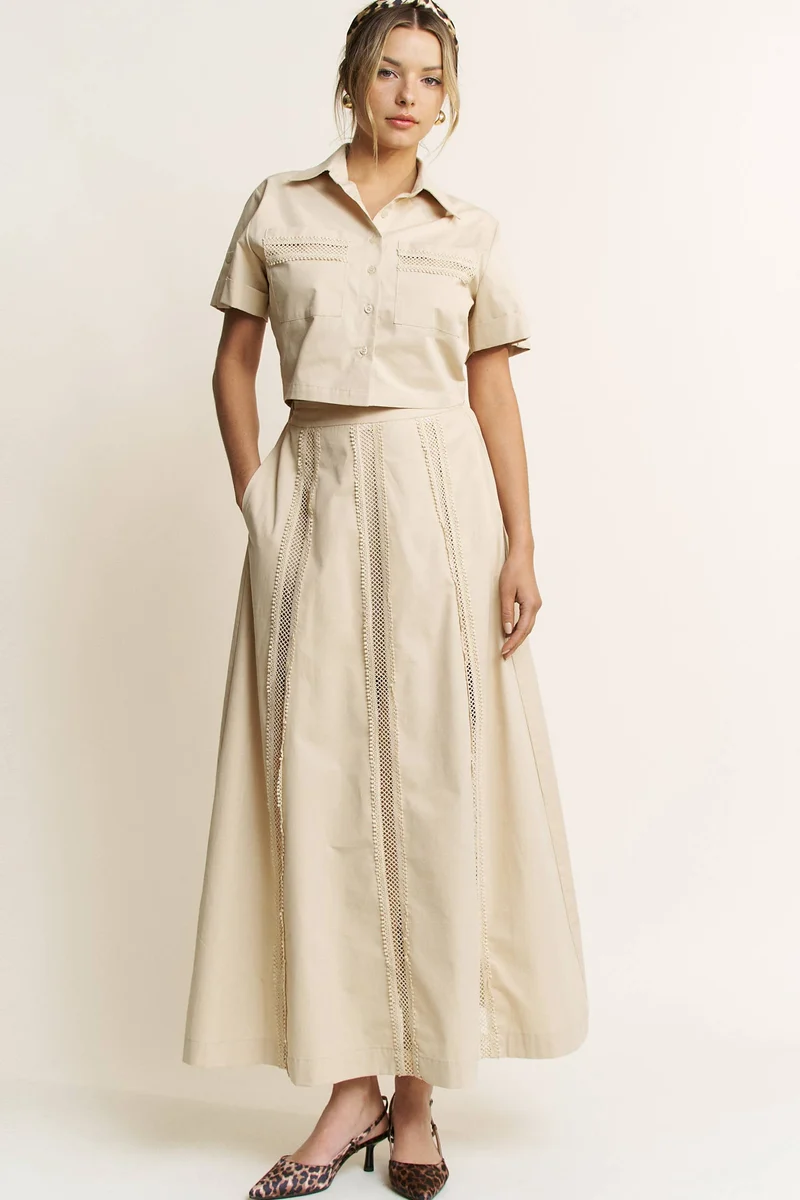 LACE TRIM BUTTON DOWN SHIRT AND MAXI SKIRT SET - HESET0032: SAND / L