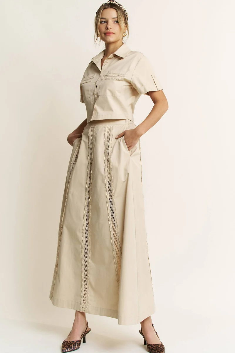 LACE TRIM BUTTON DOWN SHIRT AND MAXI SKIRT SET - HESET0032: SAND / L