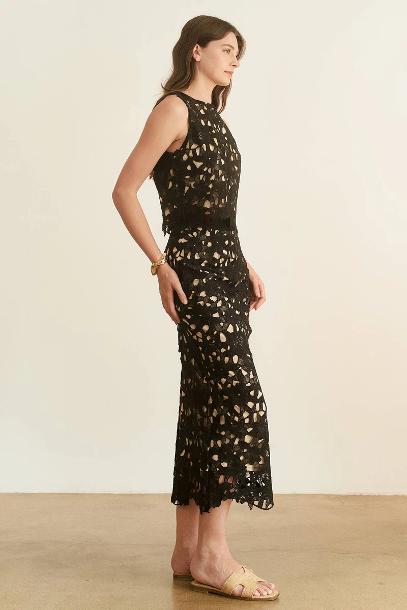 CROCHET CROP SLEEVELESS TOP AND SKIRT SET - HESET0025: Black / L