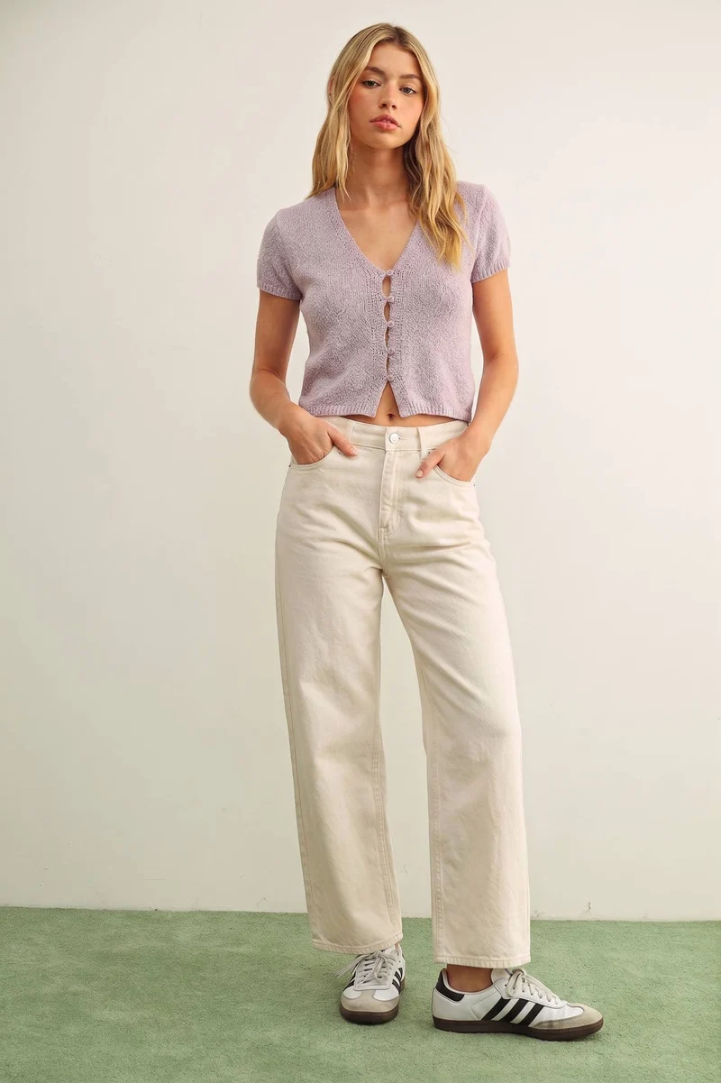 T6284 CAP SLEEVE BUTTON FRONT TOP: BEIGE / L