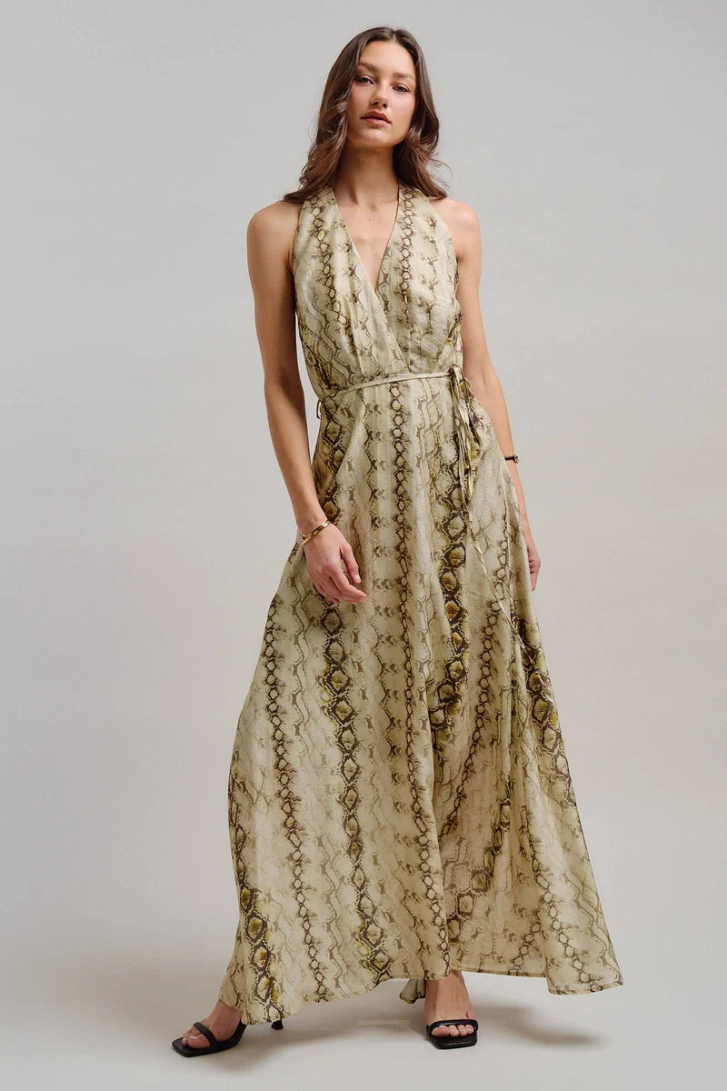 Snake Print Tencel Linen Halter Maxi