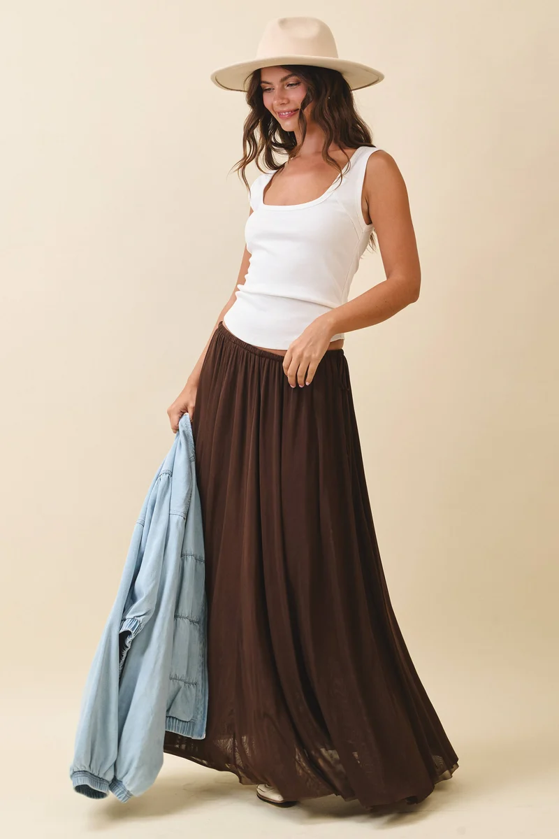 Flowy Mesh Maxi Skirt: Chocolate