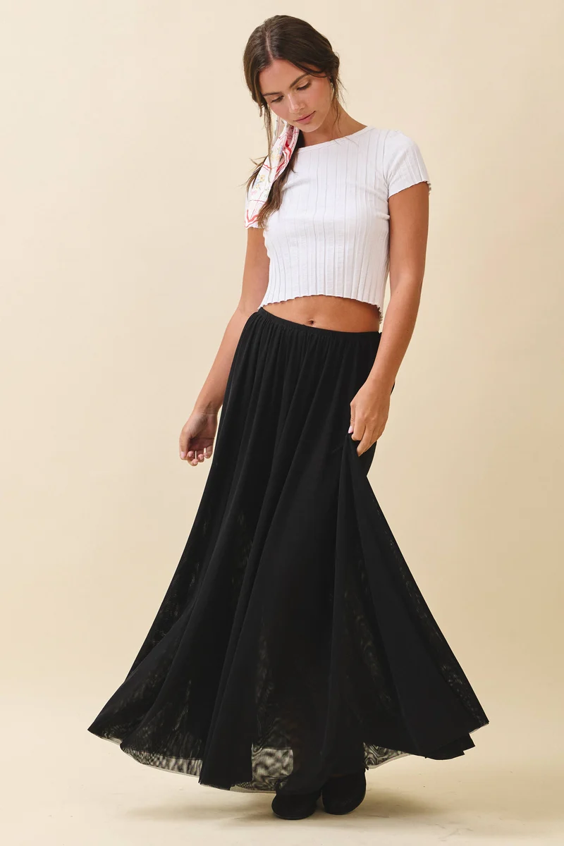 Flowy Mesh Maxi Skirt: Chocolate