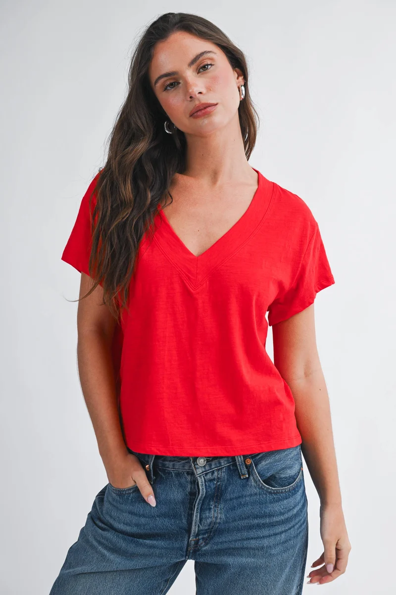 Red V Neck Crop Tee