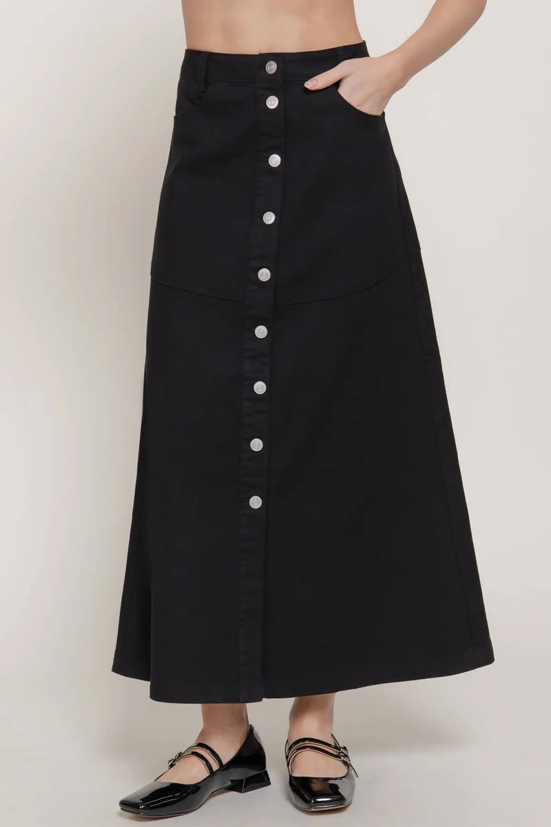 Stretch Cotton Twill A-Line Button Down Maxi Skirt: BLK-black / L