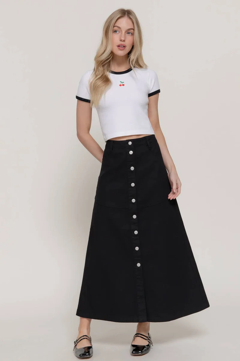 Stretch Cotton Twill A-Line Button Down Maxi Skirt: BLK-black / L