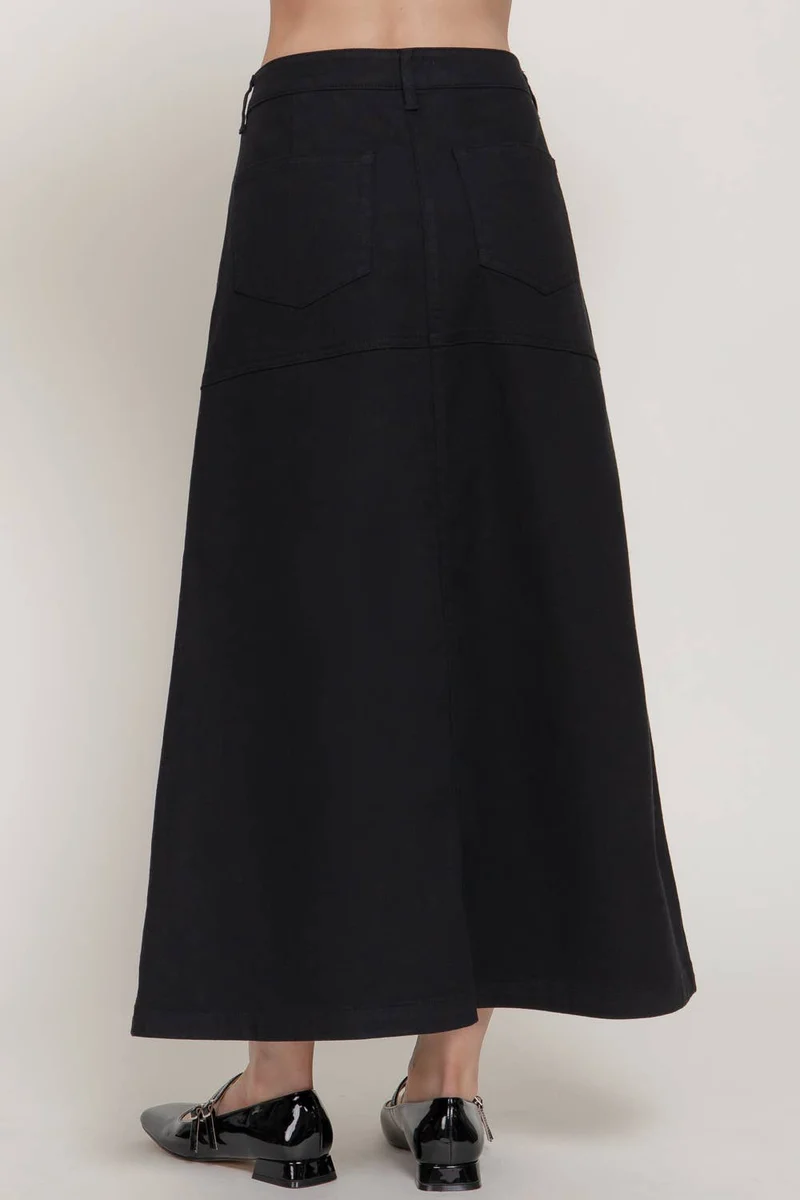 Stretch Cotton Twill A-Line Button Down Maxi Skirt: BLK-black / L
