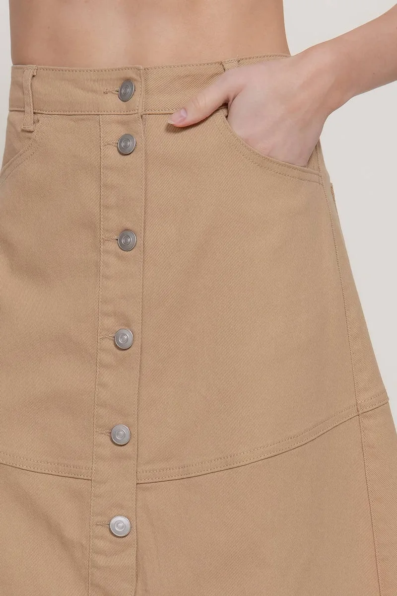 Stretch Cotton Twill A-Line Button Down Maxi Skirt: BLK-black / L