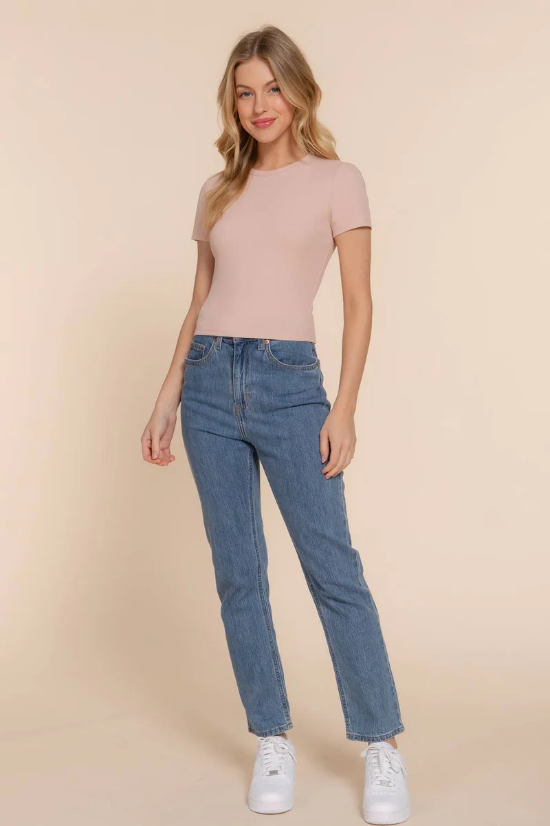 Short Sleeve Crew Neck Cotton Spandex Rib Knit Top : PNK-beige pink / L