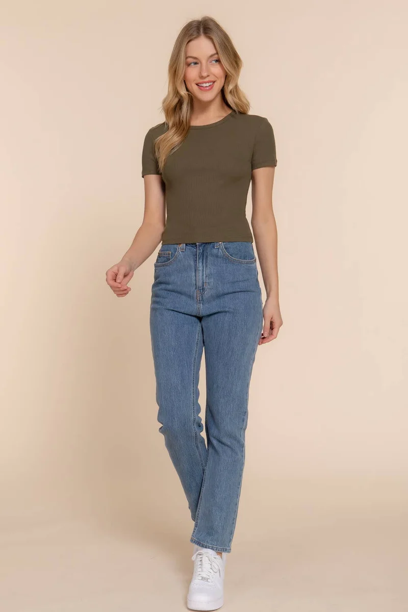 Short Sleeve Crew Neck Cotton Spandex Rib Knit Top : PNK-beige pink / L
