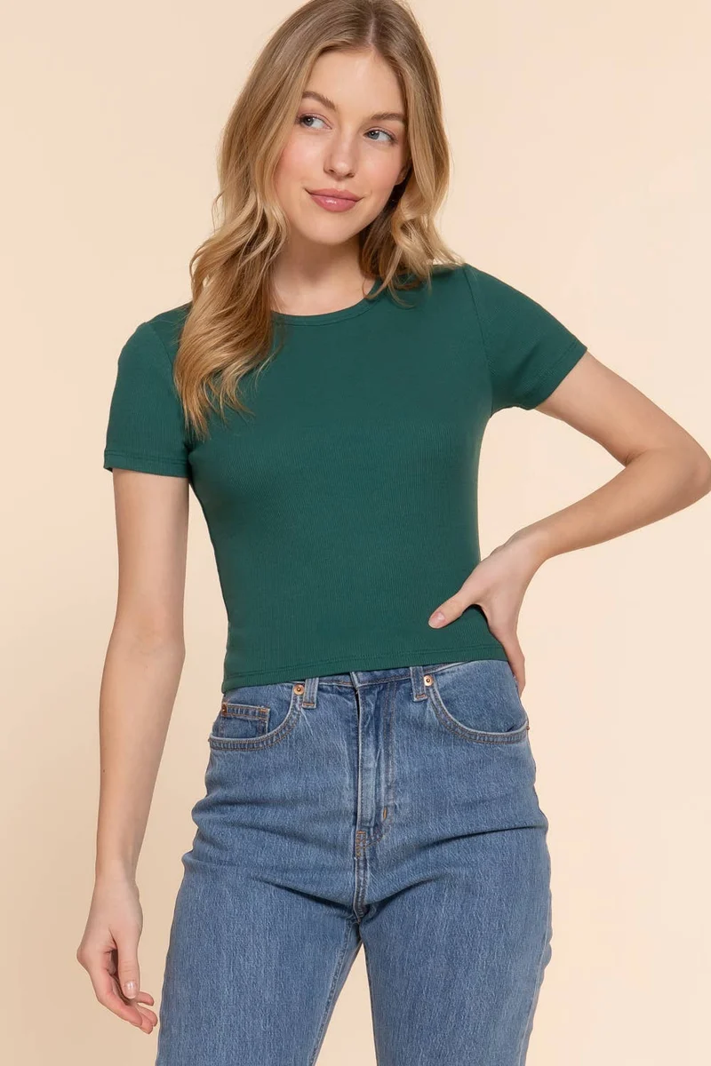 Short Sleeve Crew Neck Cotton Spandex Rib Knit Top : PNK-beige pink / L