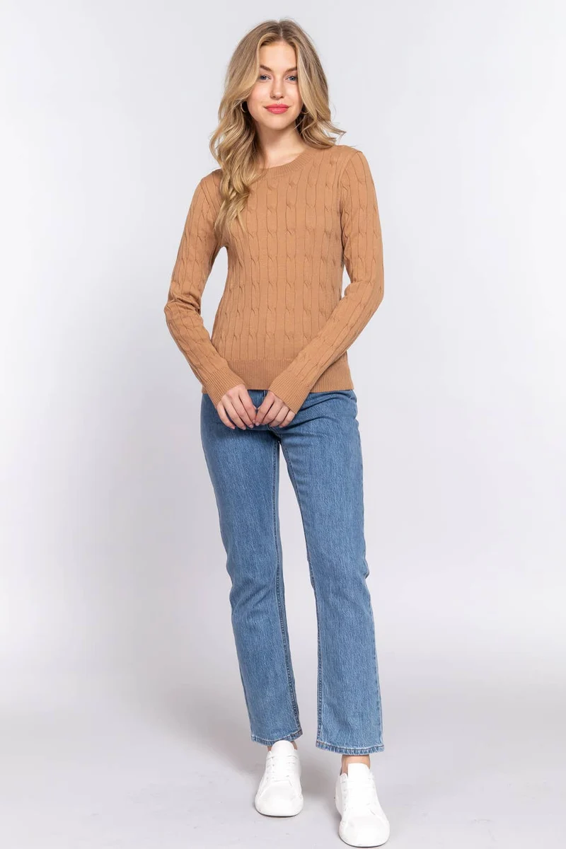 Long Sleeve Round Neck Cable Sweater