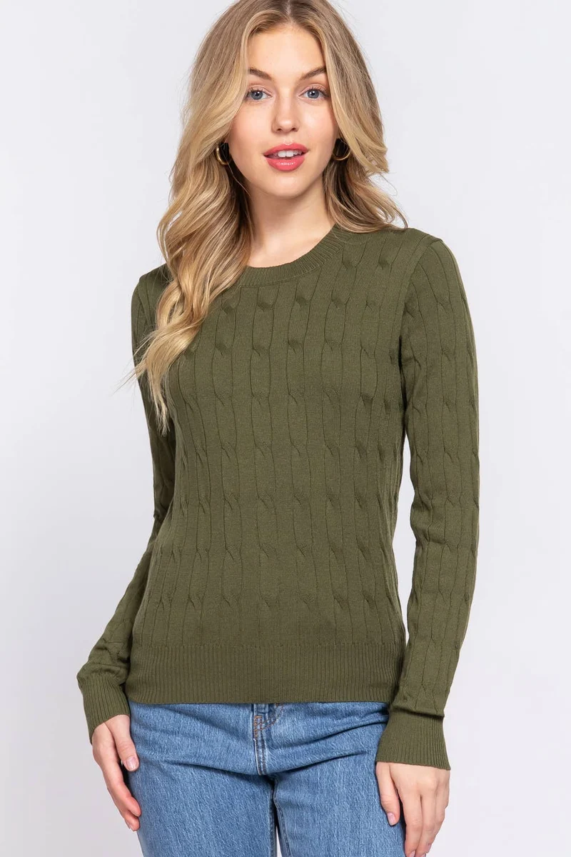 Long Sleeve Round Neck Cable Sweater