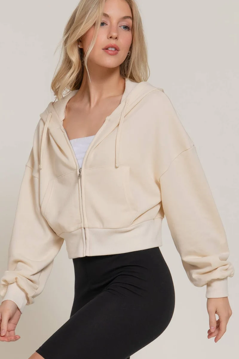 Long Sleeve Hoodie French Terry Zip Up Jacket COFFEE