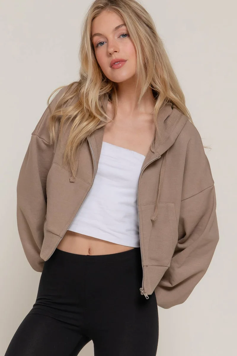 Long Sleeve Hoodie French Terry Zip Up Jacket COFFEE