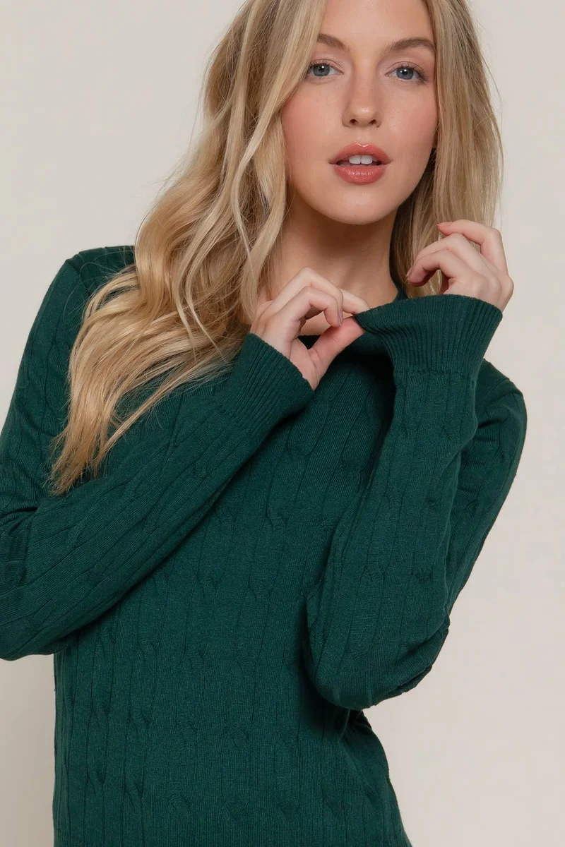 Long Sleeve Round Neck Cable Sweater NAVY