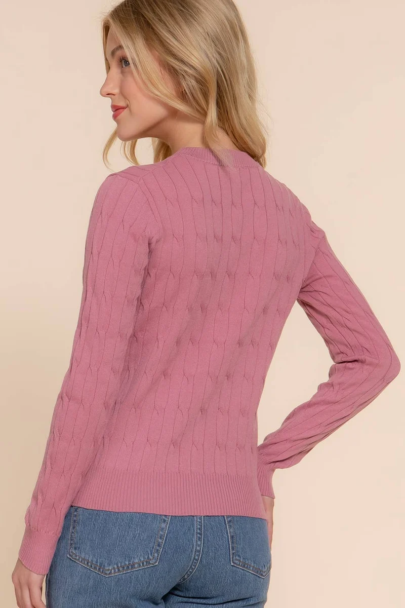 Long Sleeve Round Neck Cable Sweater NAVY