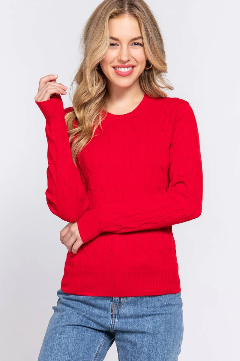 Long Sleeve Round Neck Cable Sweater NAVY