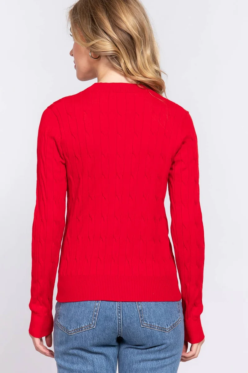 Long Sleeve Round Neck Cable Sweater NAVY
