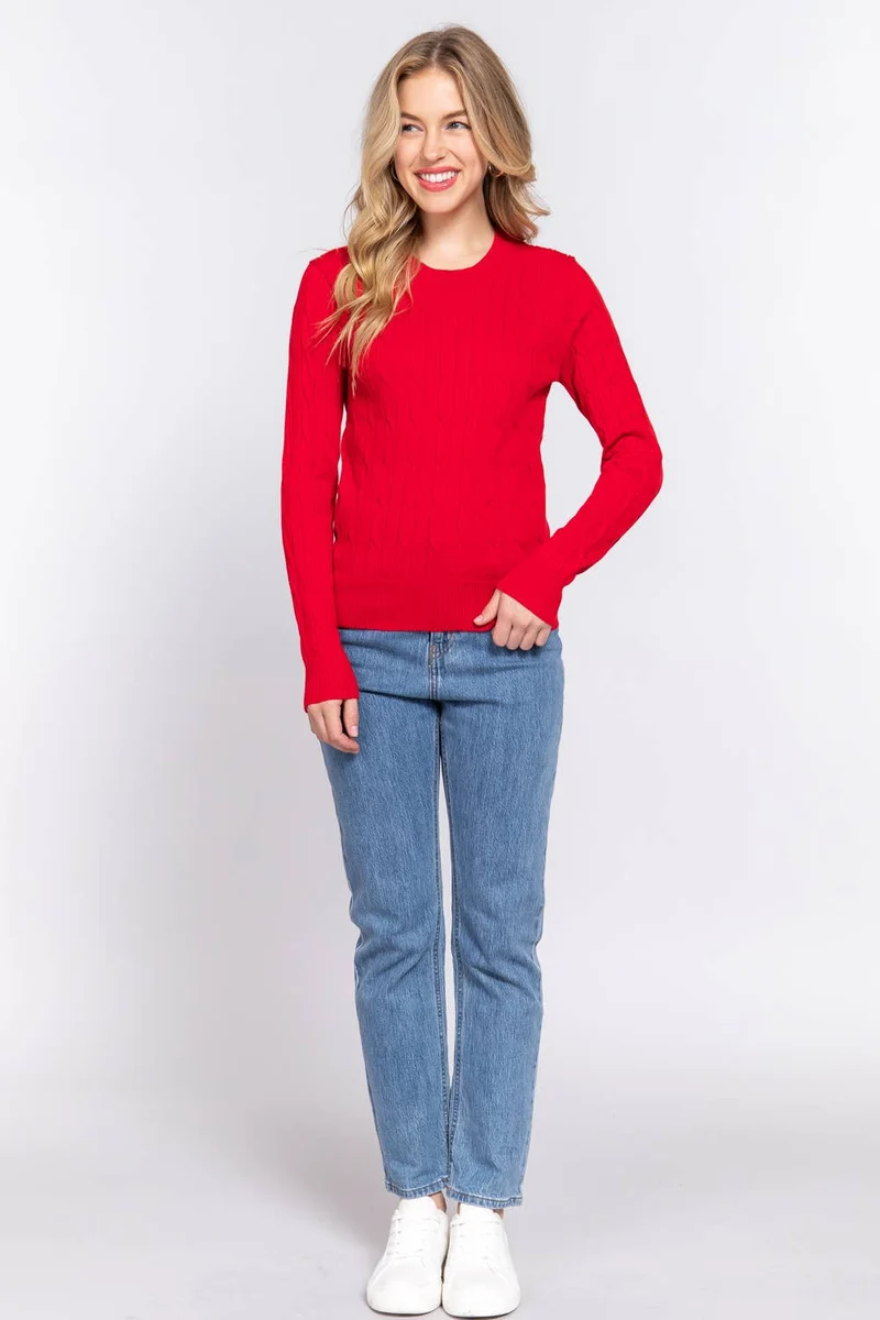 Long Sleeve Round Neck Cable Sweater NAVY