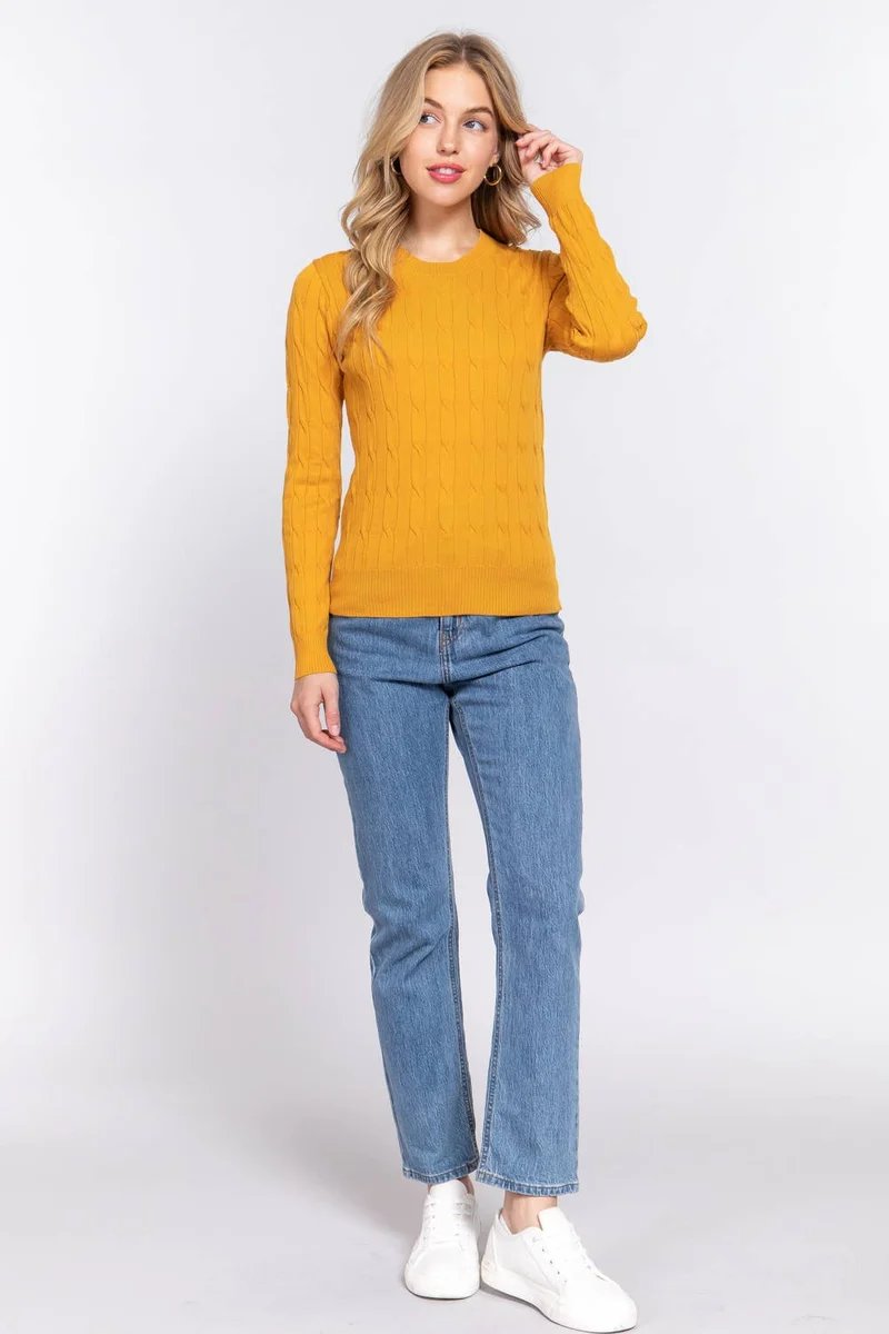 Long Sleeve Round Neck Cable Sweater NAVY