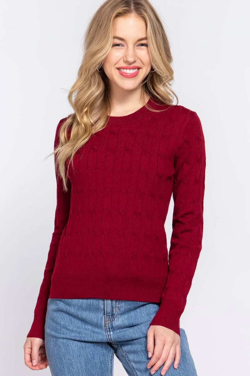Long Sleeve Round Neck Cable Sweater NAVY