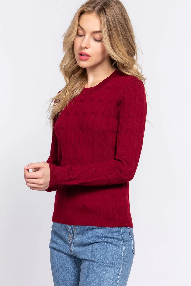 Long Sleeve Round Neck Cable Sweater NAVY
