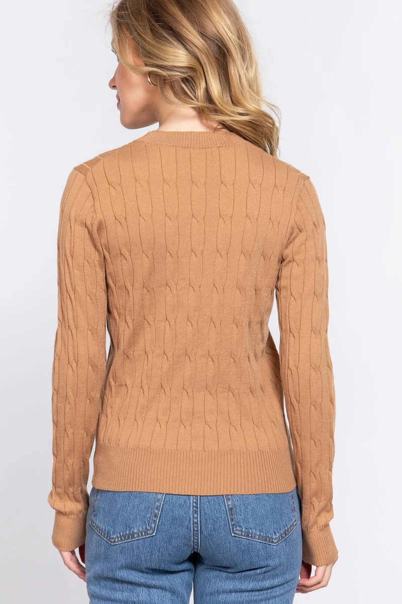 Long Sleeve Round Neck Cable Sweater NAVY